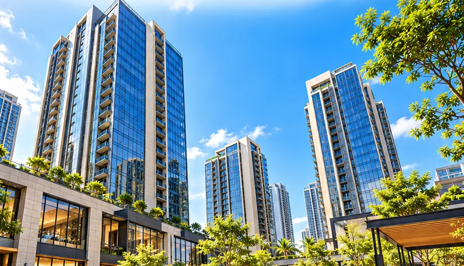 Glass residential towers above a landscaped podium with retail