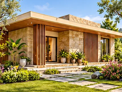 Single-storey bungalow with stone walls and timber fins