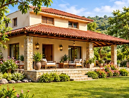 Farmhouse with a red tile roof and a stone-pillared veranda