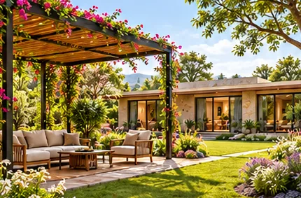 Pergola with flowering creepers and outdoor sofas in a garden