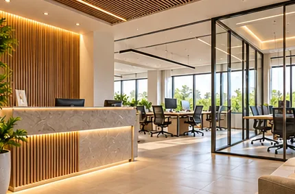 Office reception with a lit stone desk and glass meeting rooms