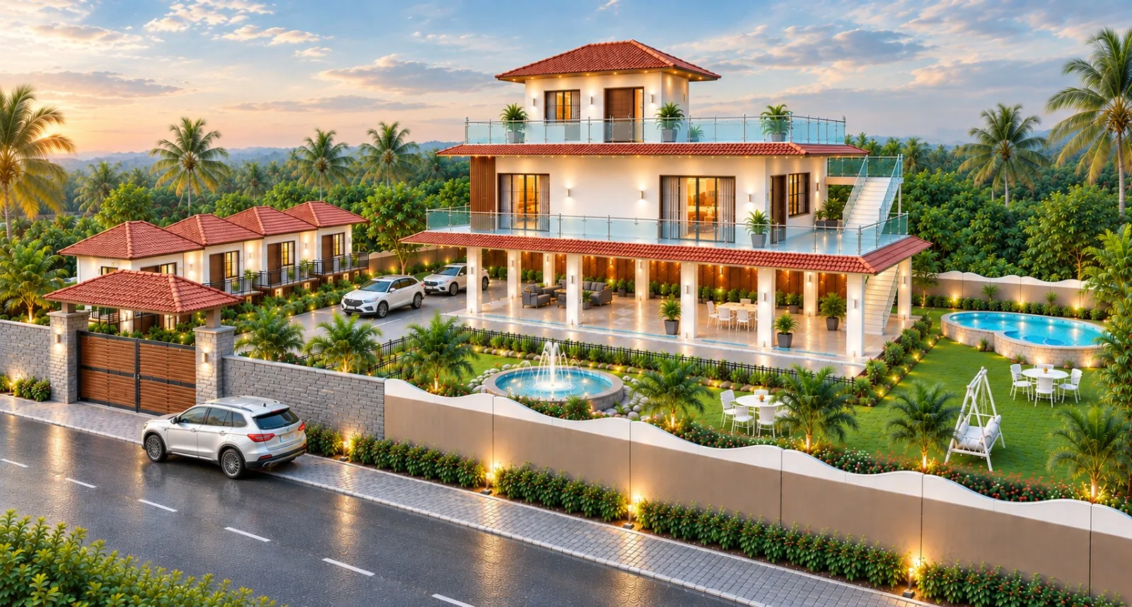 3D design concept of the Mandya farmhouse: a white two-storey house with clay-tile roofs, pool, fountain court and landscaped garden