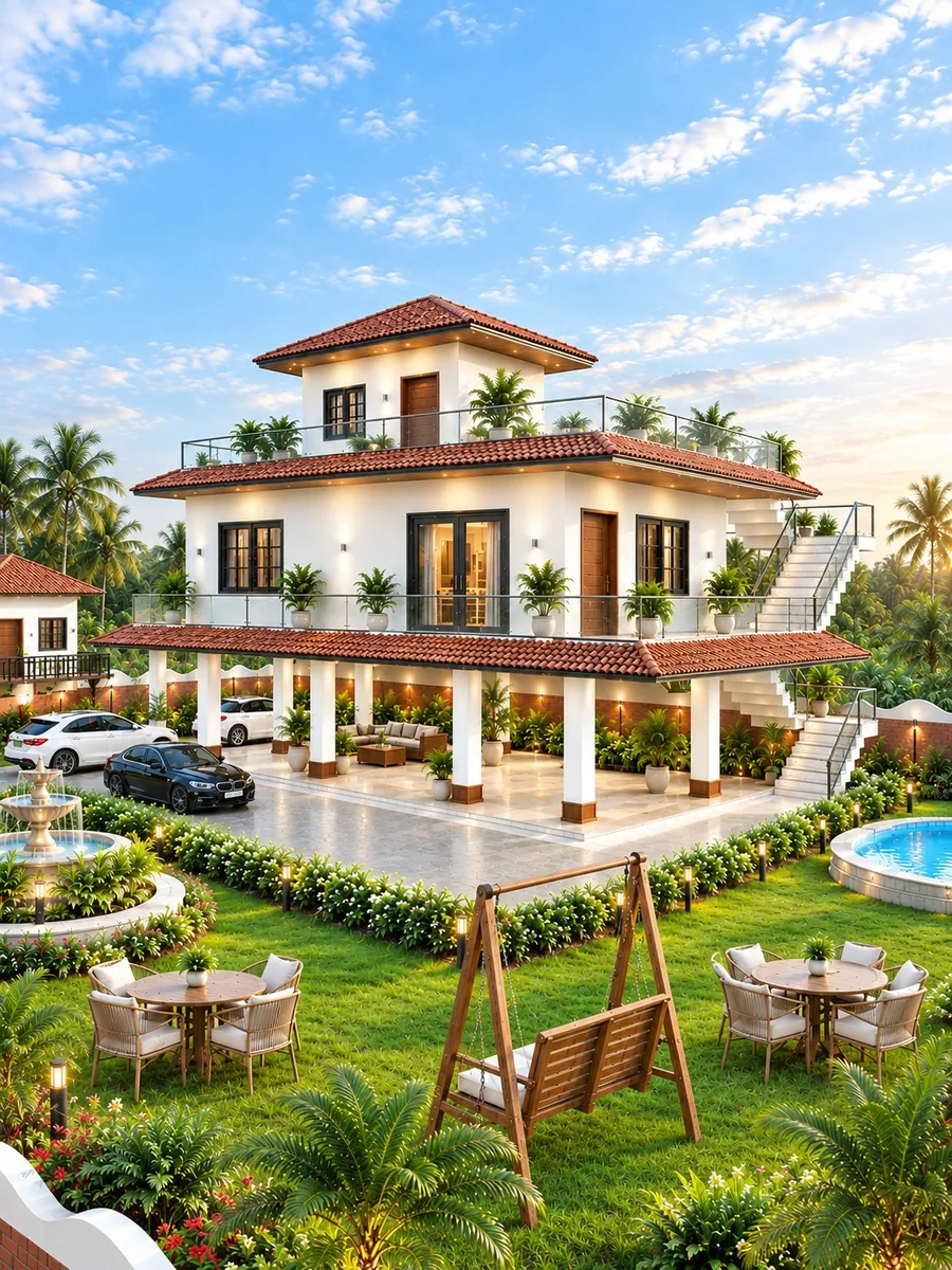 Garden view of the Mandya farmhouse concept with fountain, swing and outdoor dining