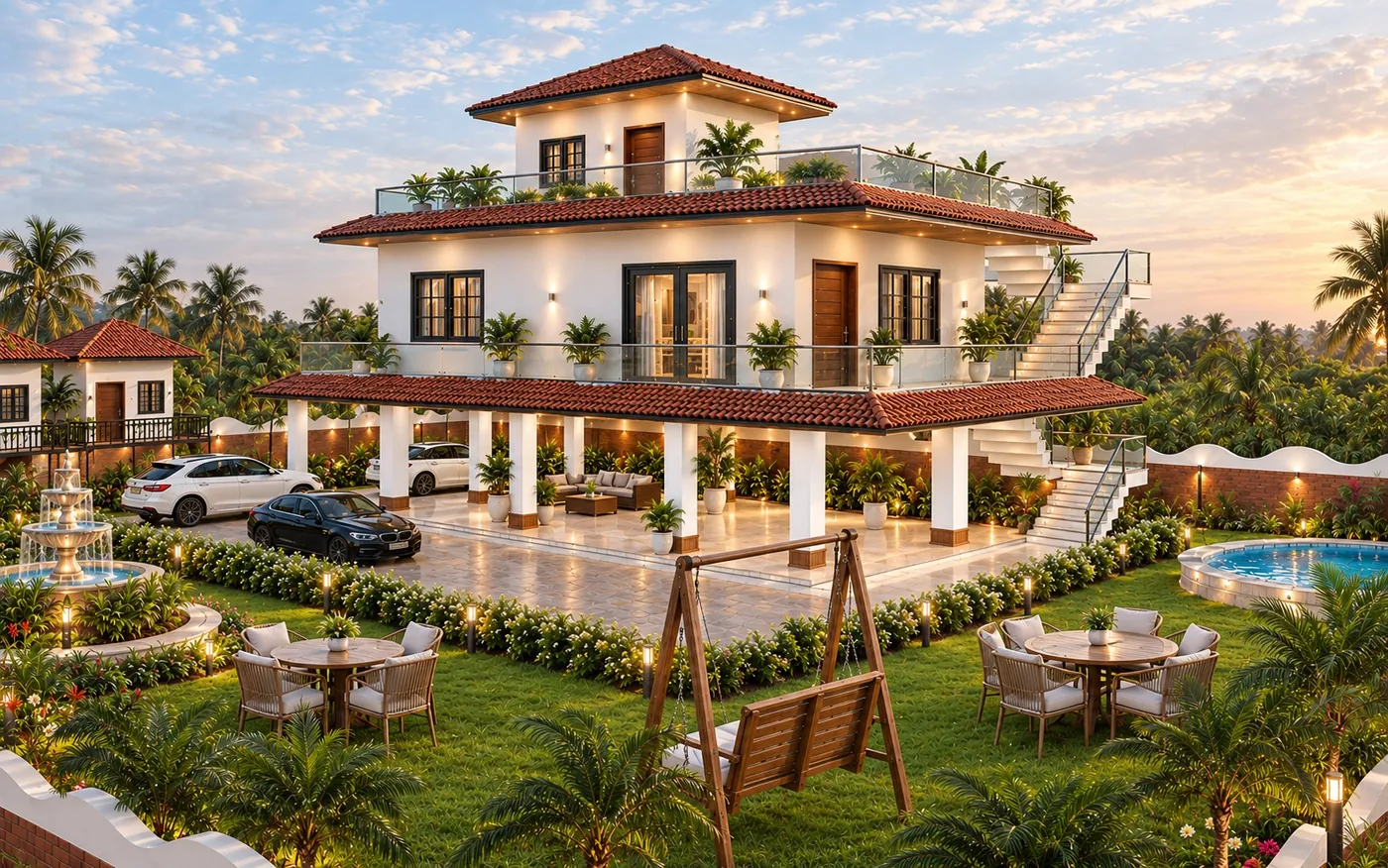 Mandya farmhouse design concept at dusk with lit pillared lounge, glass balconies, swing and garden seating