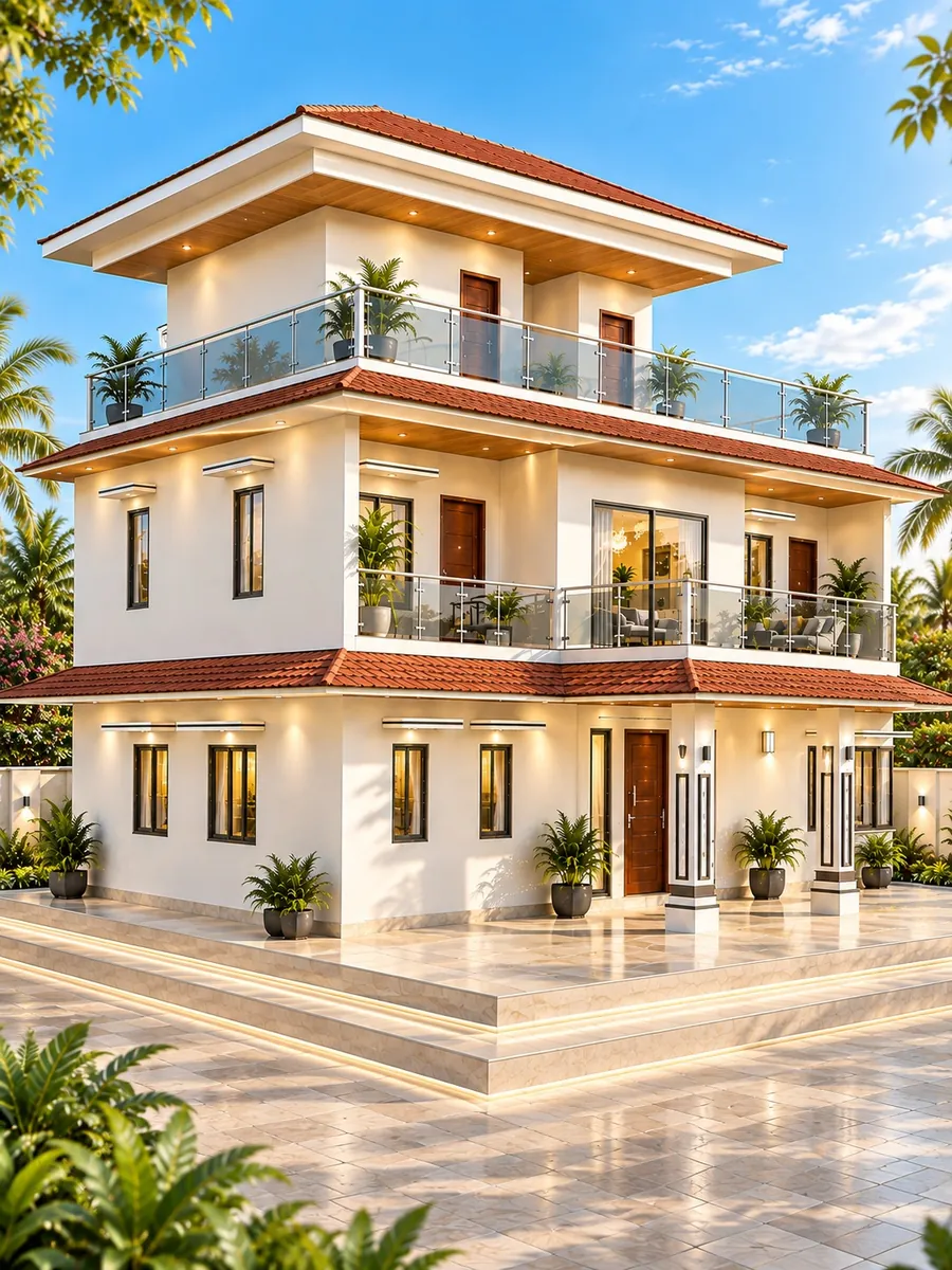 Right corner view of the three-level home